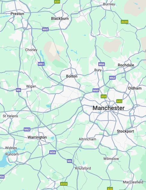 A map showing manchester, warrington, Altrincham, Stockport, Wilmslow, Knutsford, Oldham, Bolton, Bury and Wigan. This is the area Heat My House installs boilers within.